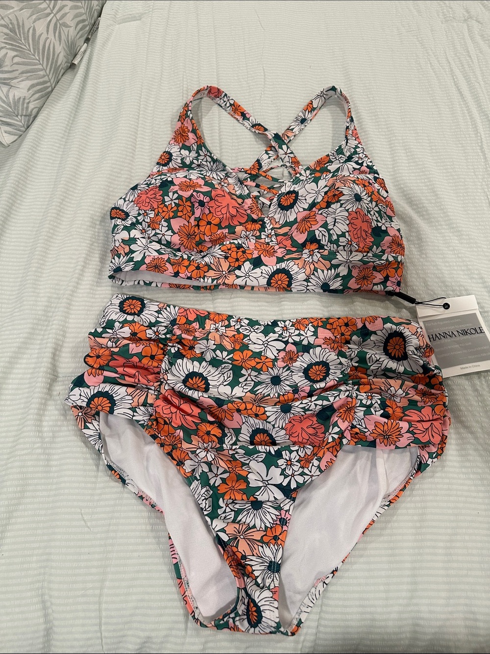 Hannah Nikole Floral High-Waist Bikini Set - Pink & Orange Floral on Green